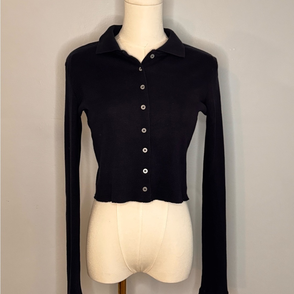Brandy Melville Navy Blue Cropped Button-Down Shirt